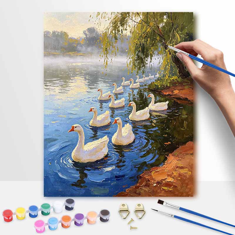 Oil Painting by Numbers Kit Hand Painting Home Decoration Paintings with White Swans on Lake Landscape Wall Art Decor 126 characters