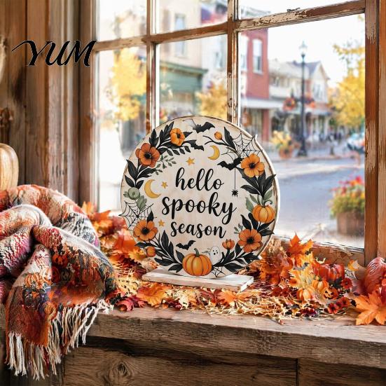 Decorative Tabletop Figurines 6Pcs Halloween Decors, Hello Table Topper Signs, Spooky Pumpkin Ghost Truck Entrance Hall Ornaments Tiered Tray