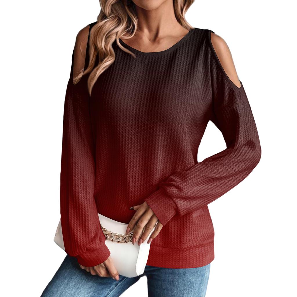 Women's Winter Oversized T-Shirt Fashionable Off-the-Shoulder Round Neck Vintage Floral Print Pullover Long-Sleeved Top