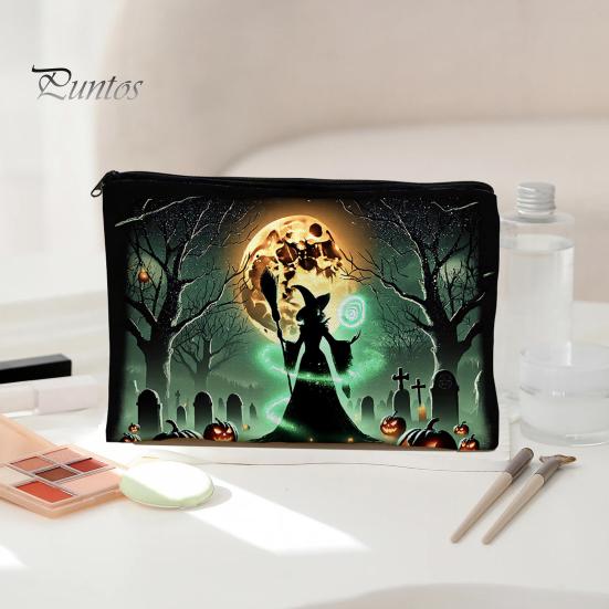 Witch Themed Travel Pouch Storage Bag, with Halloween Castle Print, Large Bag Capacity Canvas Cosmetic Organizer, for And Stationery