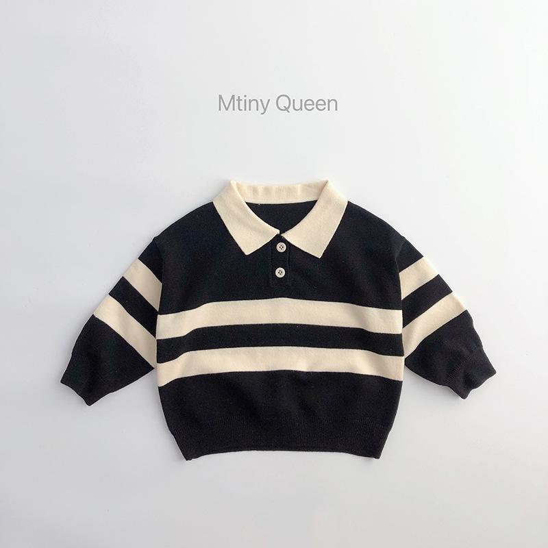 Mori Style Children's Knitted Sweater - Striped, Two-Button, Turn-Down Collar, Casual and Fashionable for Boys and Girls in Spring and Autumn.