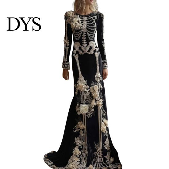 Floor Length Dress Women Skeleton Print Maxi Dress, Gothic Long Sleeve with Evening 3D Flower Decor, Velvet Floral for Halloween Costume Party