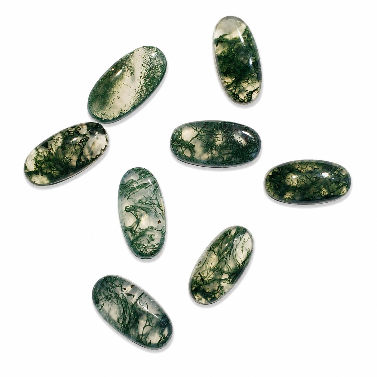 Moss Agate Oval Cabochon Lot of 8, Natural Moss Agate Gemstones, Matching Cabochon Set for Jewelry Making, Loose Dendritic Stones 7x14mm зелёный