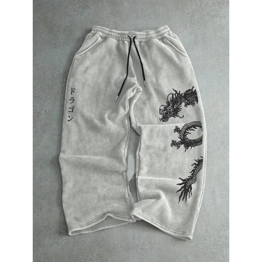 

Spring and Autumn New Casual Sports Pants with Dragon Print Loose Drawstring Straight Leg Pants, Comfortable Unisex Style S
