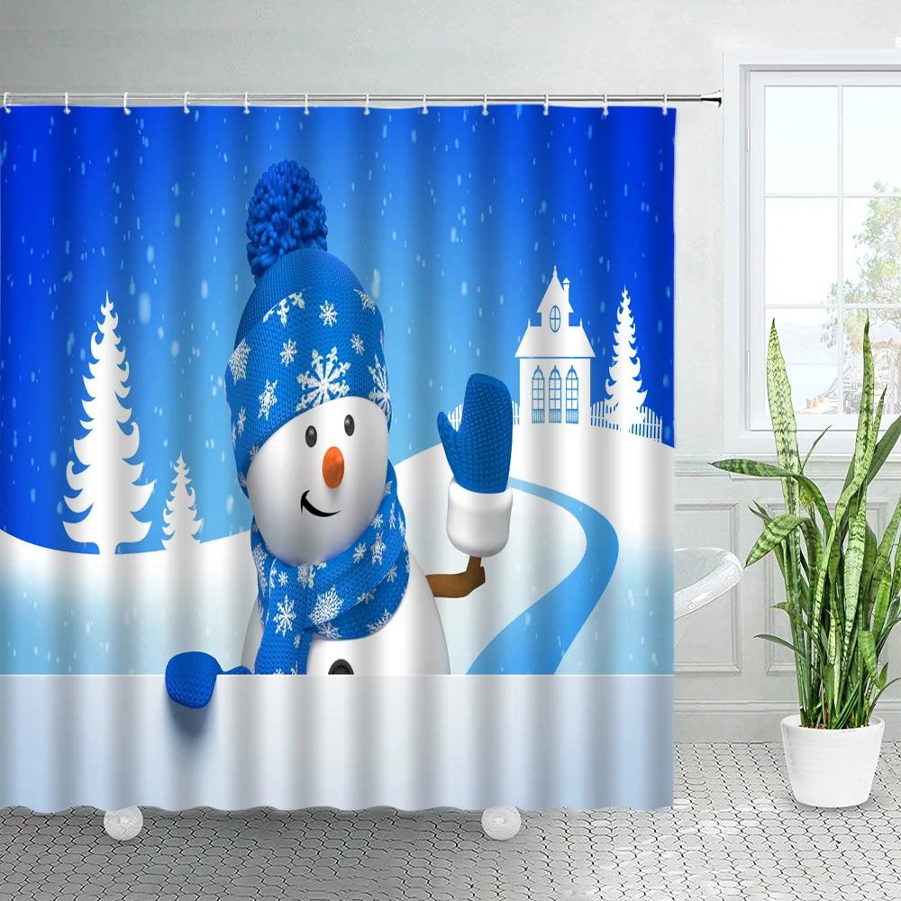 Funny Cartoon Santa Claus Snowman Christmas Shower Curtains Set Winter White Cedar Snowflake Holiday Decor Xmas Bathroom Curtain