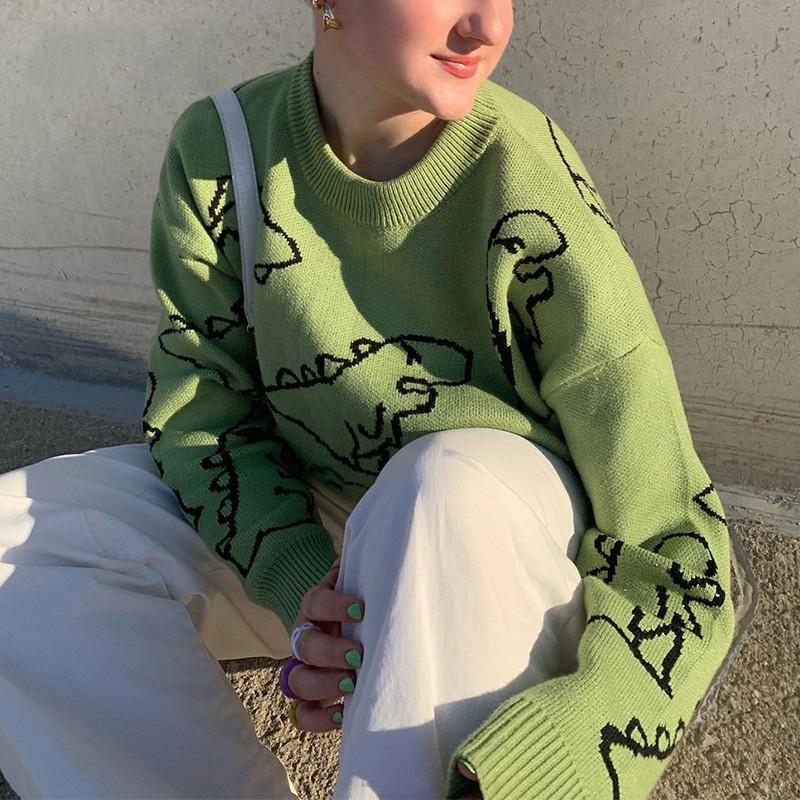 O-Neck Long Sleeve Women's Oversize Sweater Solid Dinosaur Printed Y2k Knitted Sweater Loose Casual Oversized Knitted Pullover