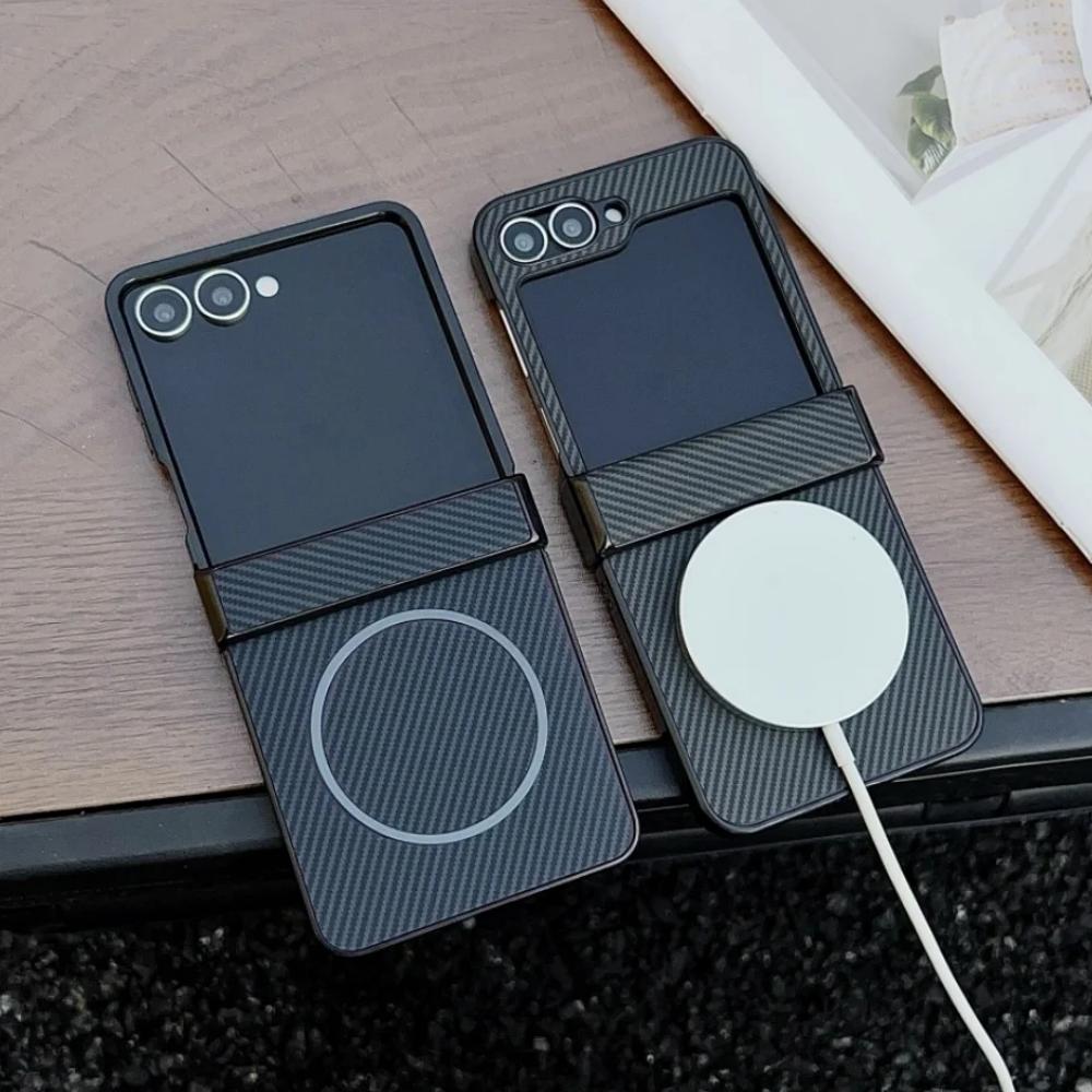 Luxury For Magsafe Carbon Fiber Magnetic Phone Case For Samsung Galaxy Z Flip 8 7 6 5 Wireless Charging Ultra Thin Bumper Cove