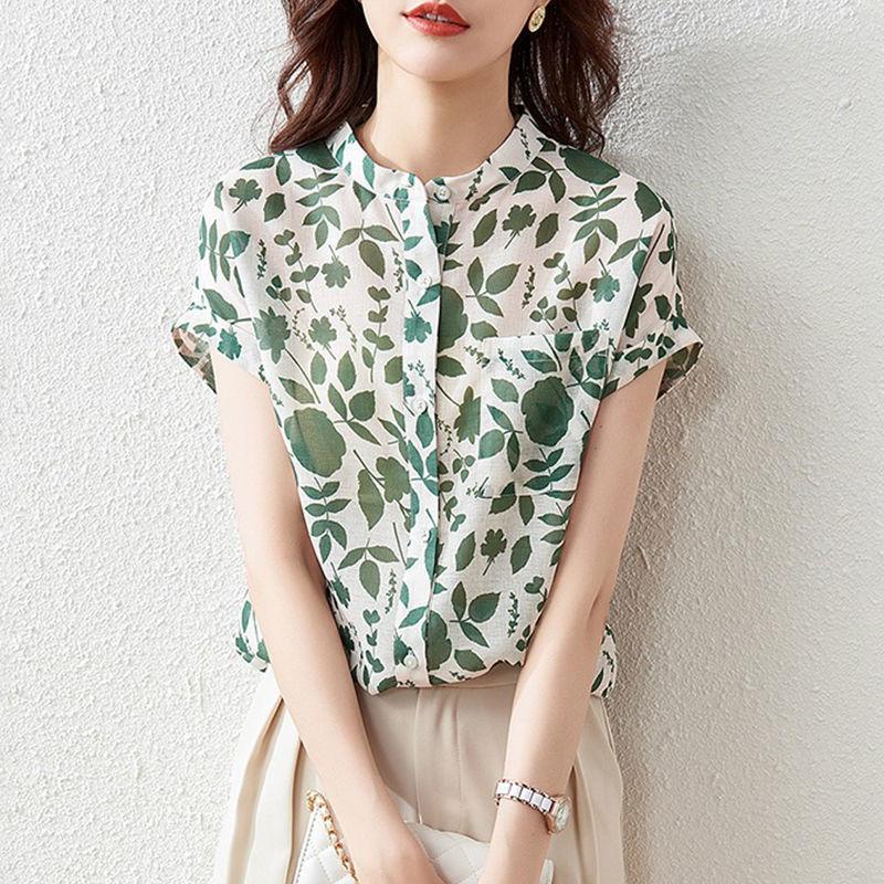 Women Summer Style Blouses Tops Lady Casual Short Sleeve Stand Collar Flower Printed Blusas Tops