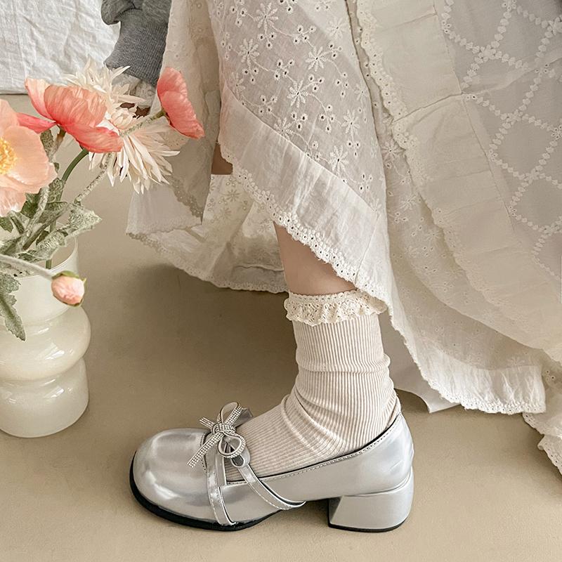 Block Heel Mary Jane Single Shoes Women's Round Toe Shallow Slip Rhinestone Bow Slip Anti-Slip Wear-Resistant High Heels