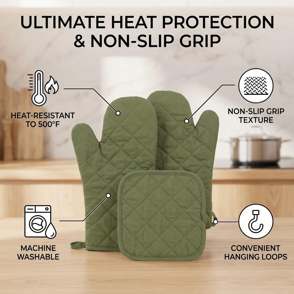 Oven Mitts Pot Holders Set Heat Proof Cotton Non Slip Kitchen Oven Gloves with Hanging Loop for Cooking Grilling