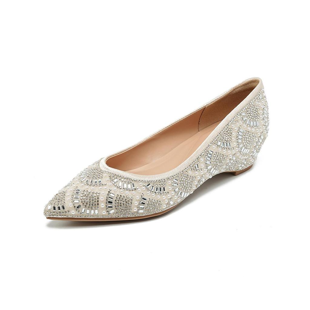 A33-8 Women's Rhinestone & Pearl Flat Wedding Shoes with Inner Height Boost