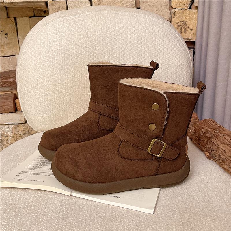 Women's Plus Size Soft-Sole Height-Enhancing Warm Winter Leather-Fur Combination Snow Boots with Plush Lining for Outdoor Sports