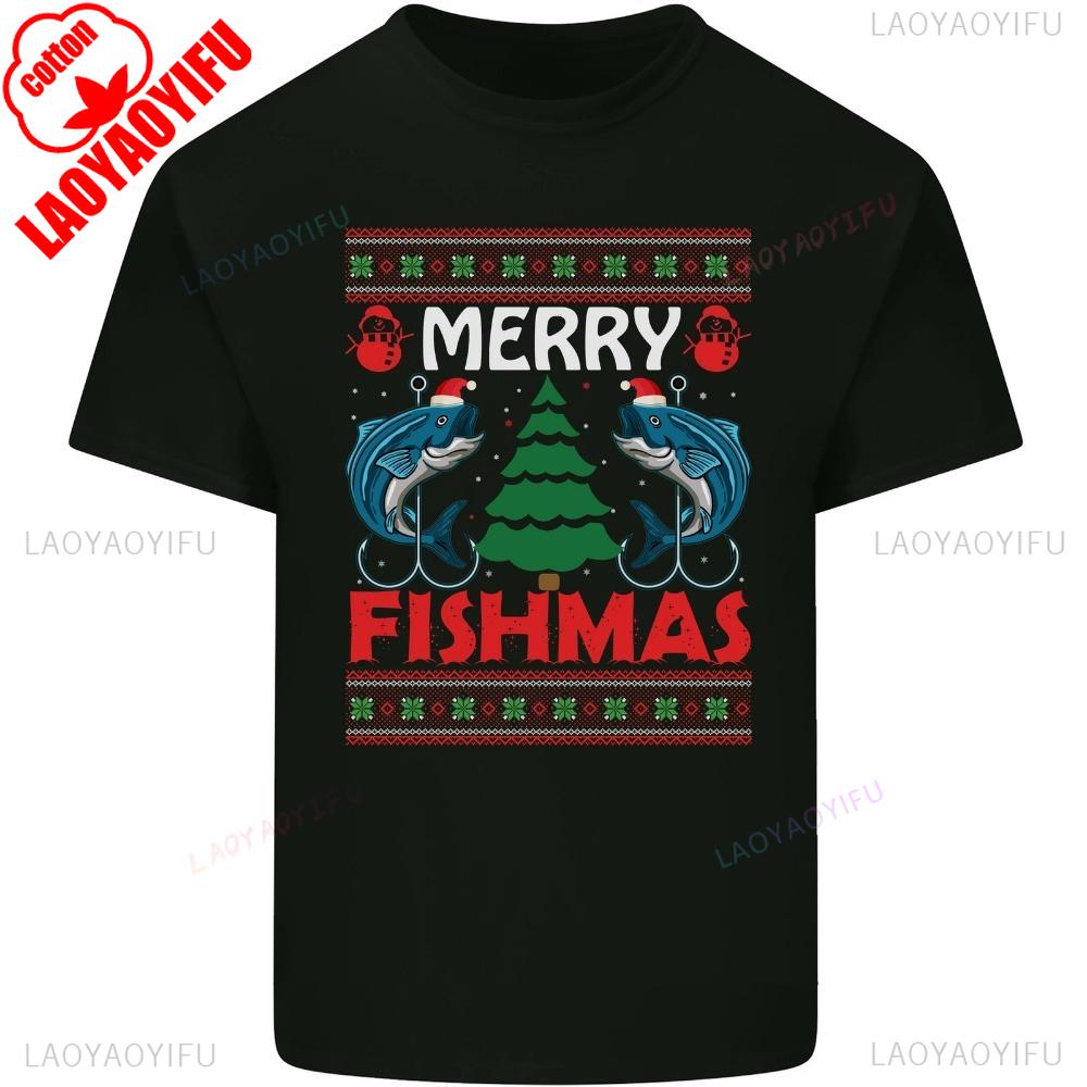 Merry Fishmas Funny Christmas Fishing Unisexs Cotton TShirt Tee Top Short Sleeve High Quality Cotton Tops Novelty Trending Clothes S