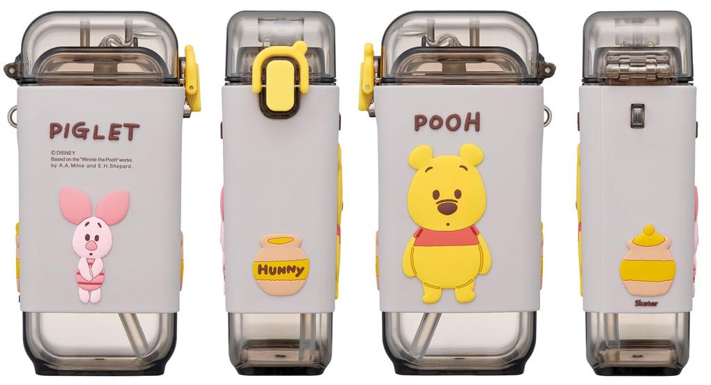 Skater Square Straw with Cover and Shoulder Disney Winnie the Pooh Bottle, Medium, 450ml, One-Push Opening, Strap, Design, PSQ5ST-A