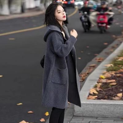 Herbst Winter Mode Cardigan Kapuzenpullover Damen Jacken Koreanisch Elegant Lässig Büro Locker Mäntel Einfarbig Mittel Lang Strickwaren Kleidung