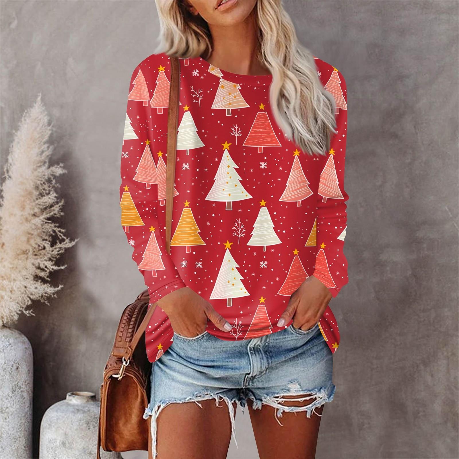 

Женская мода, повседневная блузка с длинным рукавом и круглым вырезом, пуловер с принтом XL красный