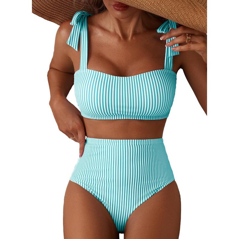 Bikini Set 2 Pezzi Costume da Bagno a Righe Costume da Bagno a Vita Alta