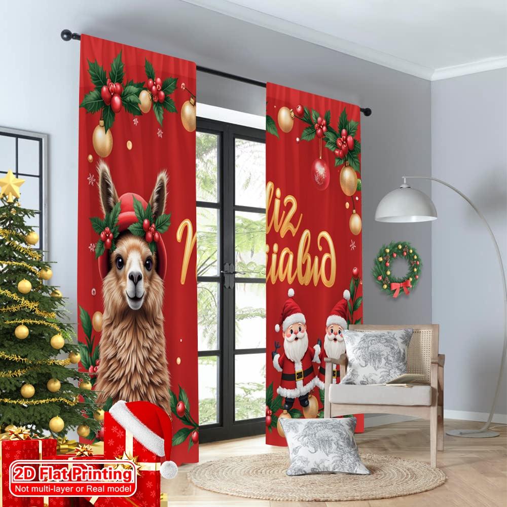 2pcs 2D Flat Printing Merry Christmas Popular Window Curtains Feliz Navidad Llama Santa Fabric Without Electricity 0 Use for