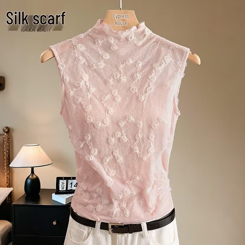 Women s 3D Floral Mesh Lace Slim Fit Pullover T-Shirt One Size розовый