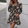 Women Spring Autumn Lantern Sleeve V Neck Flower Printed One Piece Dress
