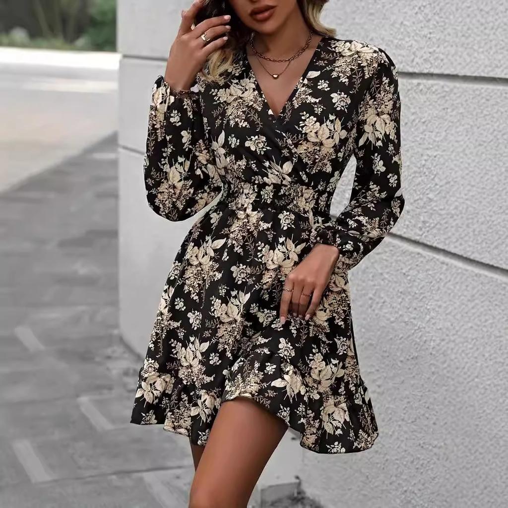 Women Spring Autumn Lantern Sleeve V Neck Flower Printed One Piece Dress
