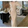 Elegant V-Neck Knit Midi Dress Women Slim Fit Long Sleeve Wrap Front Button Up Winter Office Wear