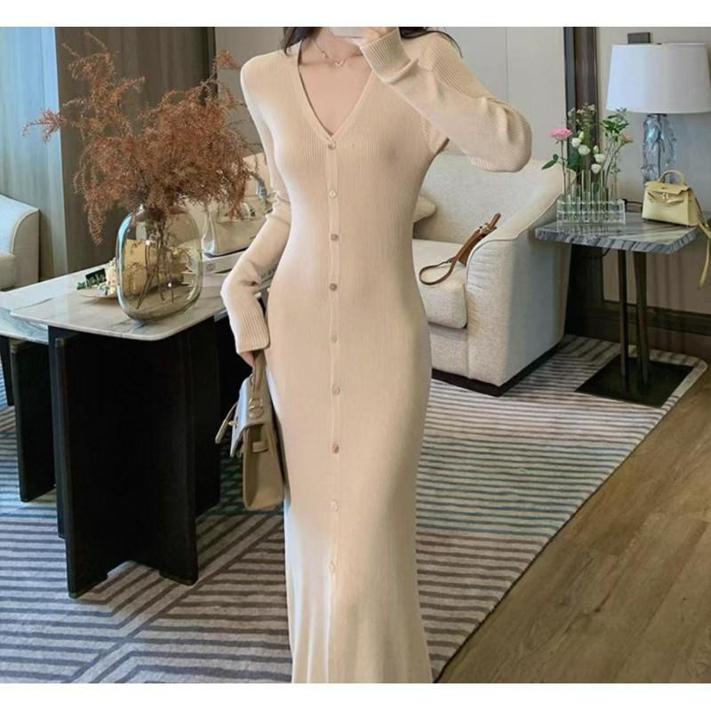 Elegant V-Neck Knit Midi Dress Women Slim Fit Long Sleeve Wrap Front Button Up Winter Office Wear