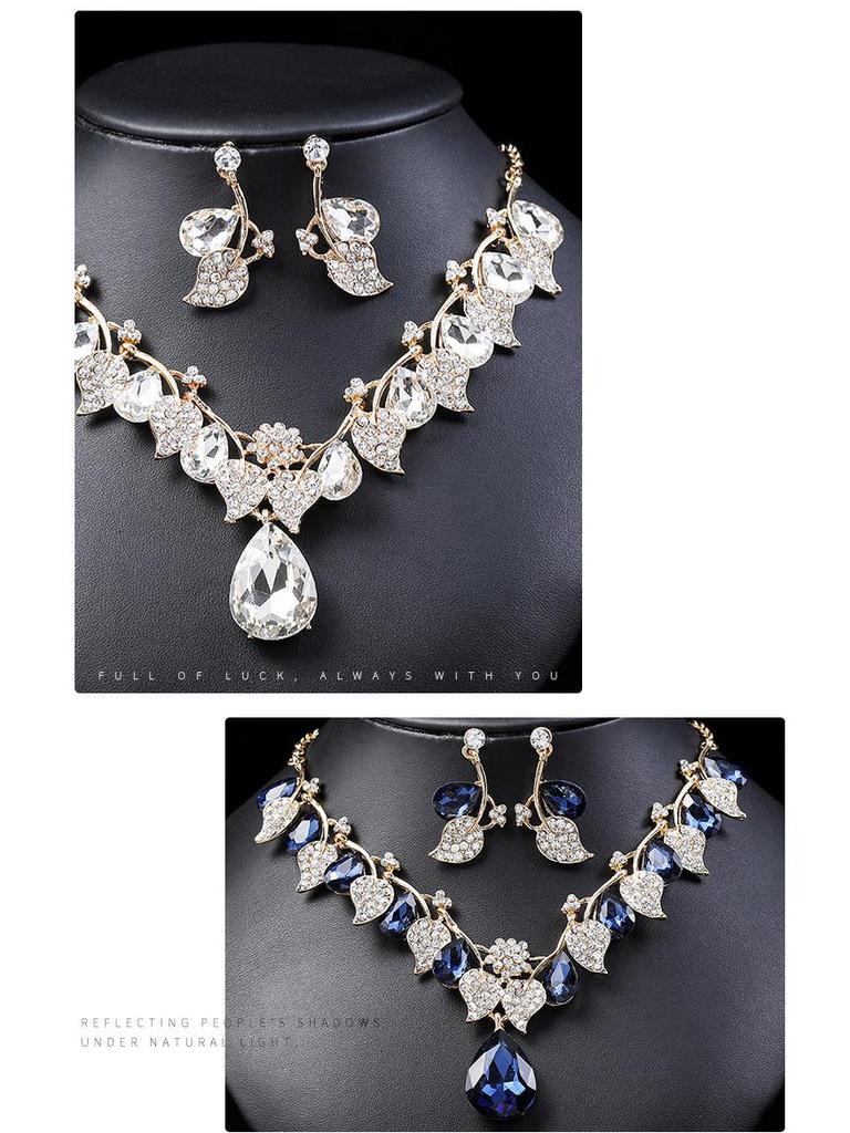 Ethnic Style Retro Gemstone Necklace & Leaf Water Drop Jewelry Set