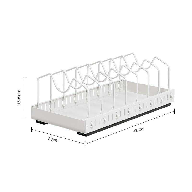 Adjustable Cookware Storage Rack: Pull-out Pot, Lid, and Dish Holder for Cabinet Countertops