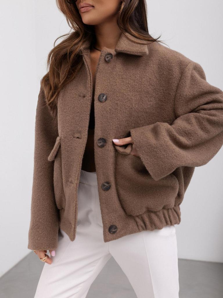 2024 Women's Winter Simple Fashion Single-Breasted Solid Color Woolen Coat