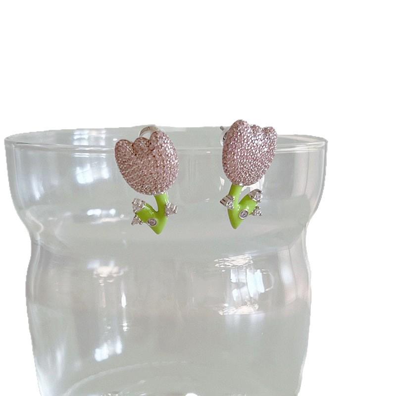 HEFANG Tulip Sterling Silver Heart Stud Earrings with Full Diamond and Epoxy Design.