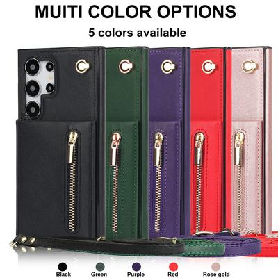 Funda tipo cartera bandolera con cremallera para Samsung Galaxy S25 S24 Ultra S23 Plus S24FE S22 S21 S20 Note 20 Soporte para tarjetas Funda con cordón