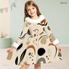 Girls Cream Printed Dress Furry Collar Long Sleeve Bow Waist A Line Flared Hem