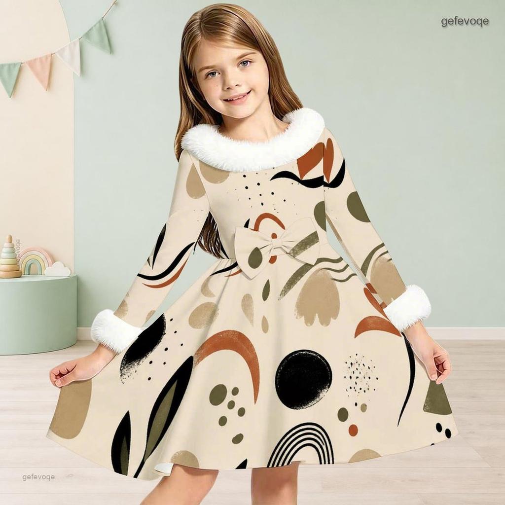 Girls Cream Printed Dress Furry Collar Long Sleeve Bow Waist A Line Flared Hem