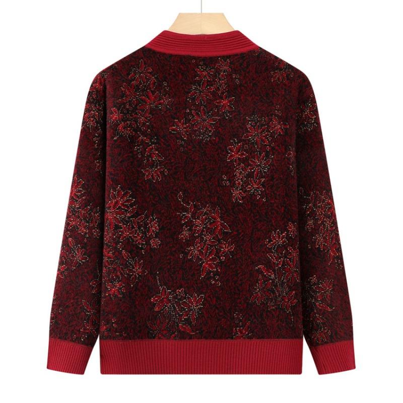 Middle-aged Grandma Pack Fleece Thickened Cardigan Knitted Sweater Mother's New Warm Flower Top Old Man Sweater New