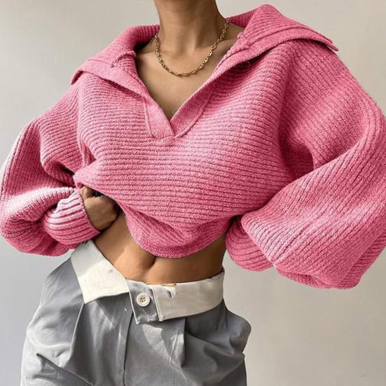 Women Knitting Tops Lapel V-Neck Long Sleeve Solid Color Sweater Loose Fit Warm Knitting Tops Knitwear