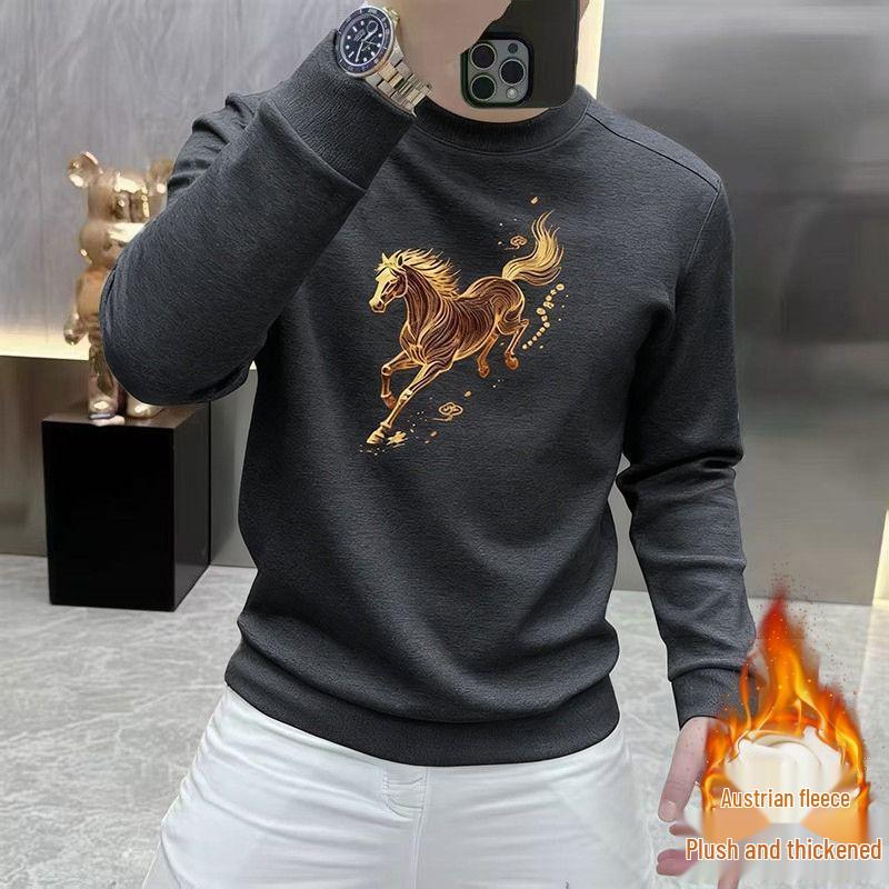 Men's Korean Style Year of the Horse Red Coral Fleece Hoodie, Thickened, Loose Fit, Pure Cotton, Round Neck, Autumn/Winter