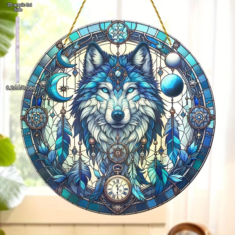 Wolf Sonne Acryl-Fänger, Acryl-Gitter im Buntglas-Stil, Traumfänger-Inspiration, Reflektierende Kunst für Haus & Garten, Kinderzimmer, Vintage-Wohnkultur