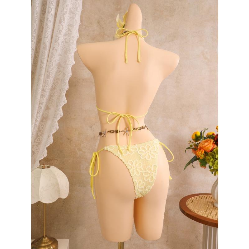 Women Flower Embroidered Three Piece Bikini Swimsuit For Beach Vacation