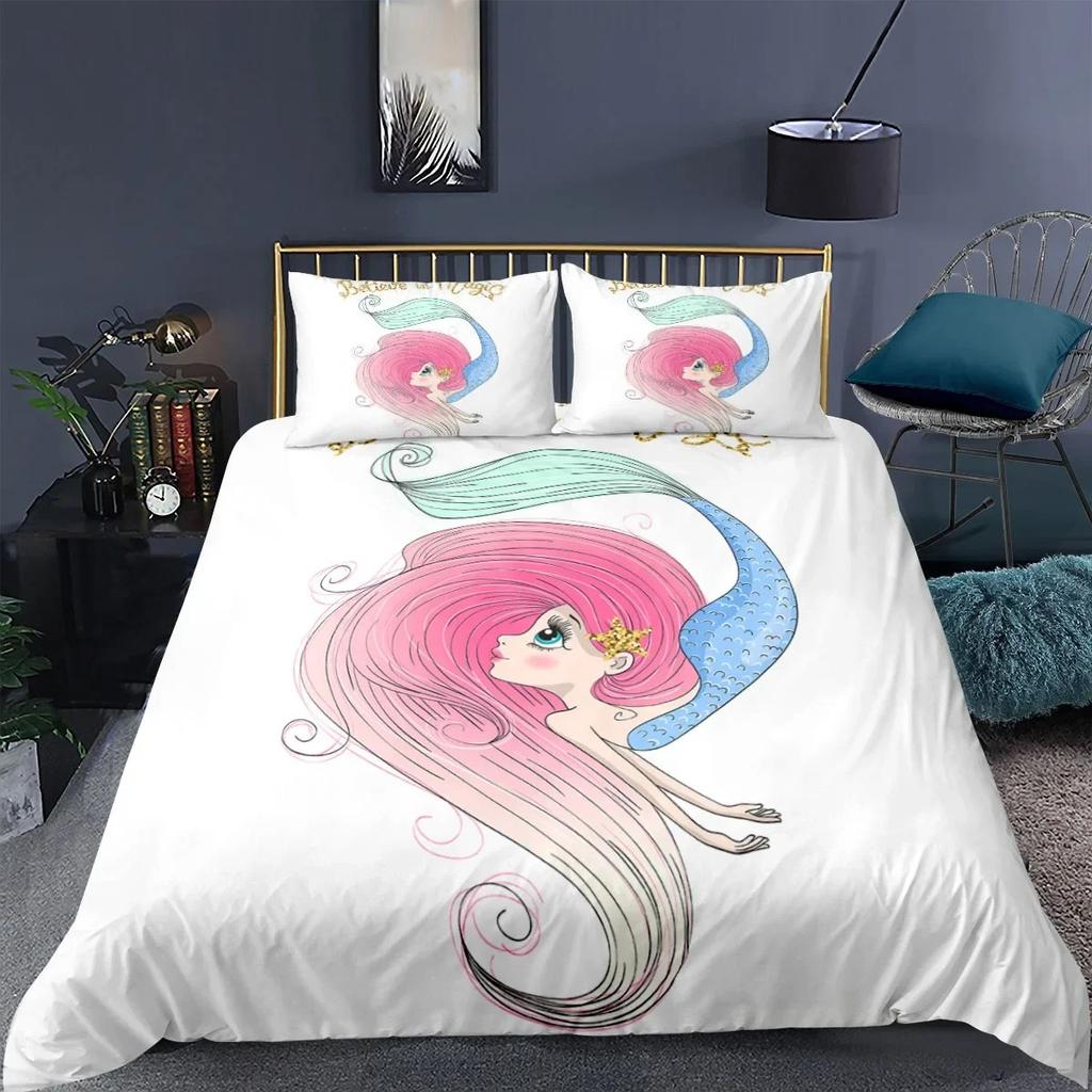 Mermaid Duvet Cover King Queen Cute Cartoon Fairy Tale Sea Creature Bedding Set Fish Scale Girly 2/3pcs Polyester Quilt Cover