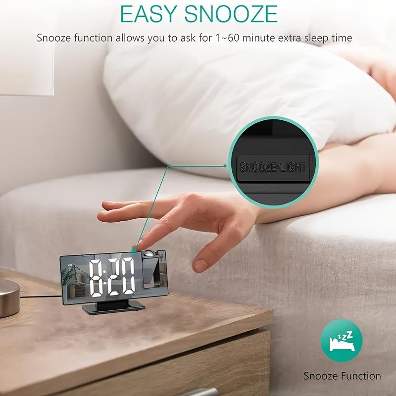 180° Adjustable LED Projection Alarm Clock with Snooze 12/24H Temperature Display and Mirror Design USB Powered for Bedroom Home