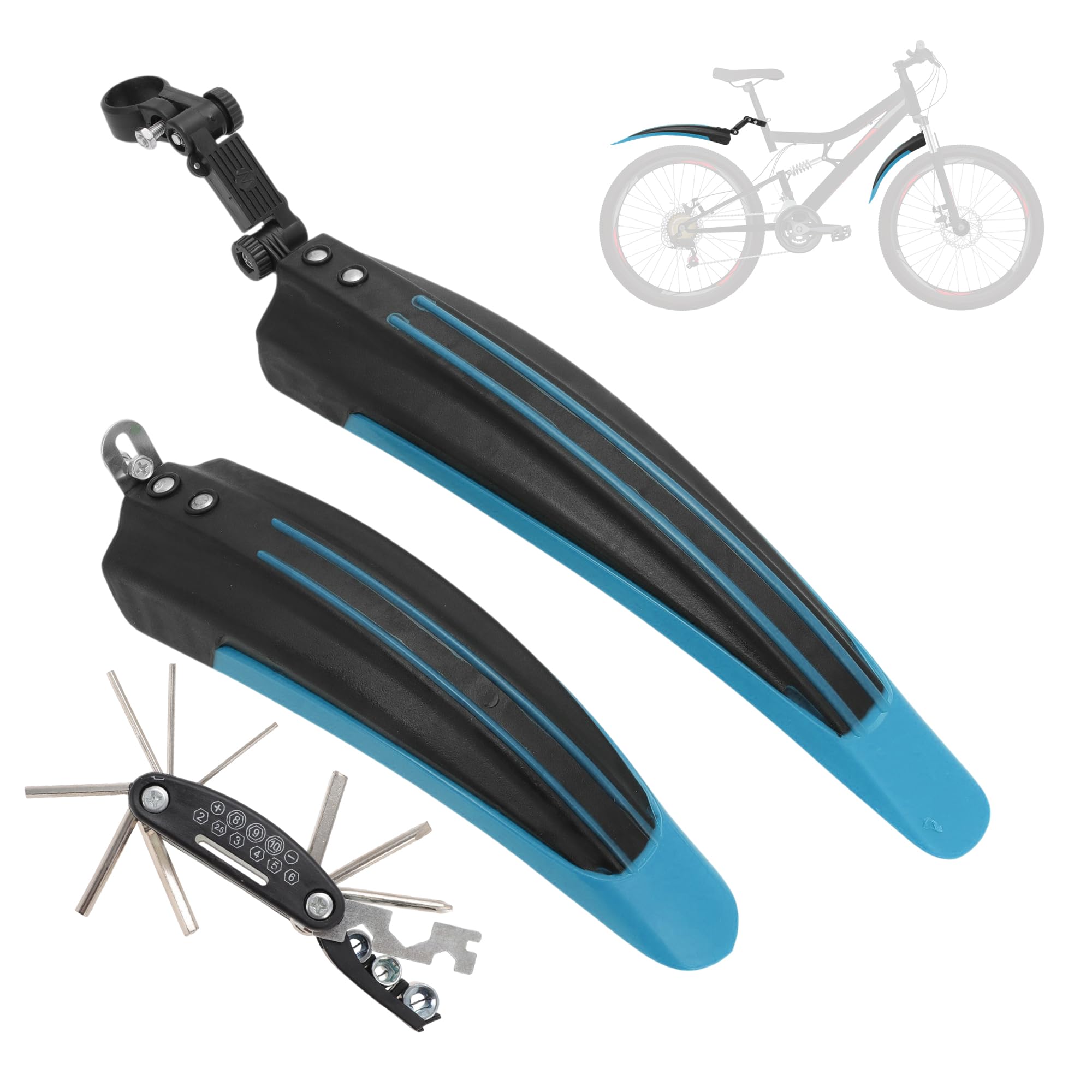 

BULLSPANN Bicycle Fenders for Mountain Bikes Adjustable with Front and Rear Blue (24-26 Inch), Height, Tools, Mudguards,