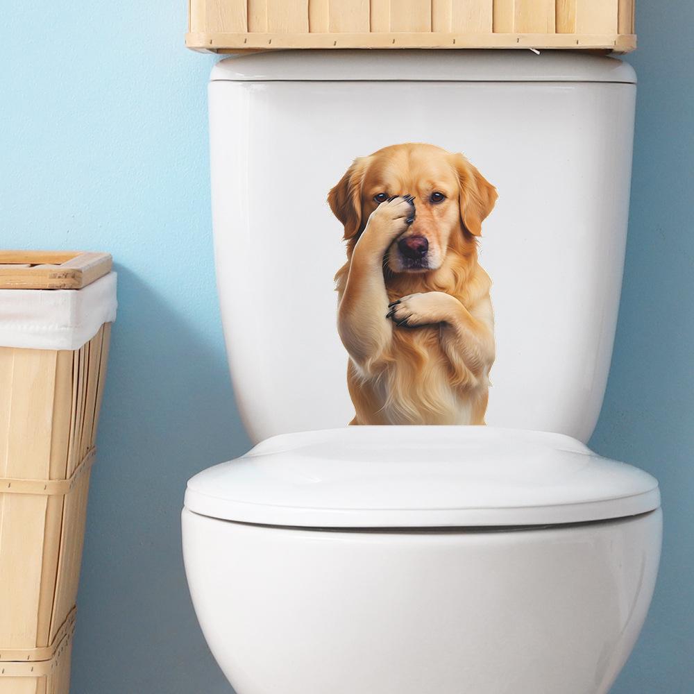 Cartoon Golden Retriever Covering Eyes Bathroom Toilet Wall Sticker Self Adhesive Home Decor