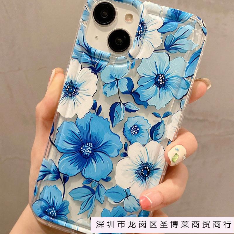 Retro Blue Pink Flower Applies To Apple 16promax Mobile Phone Case 15plus Transparent 14 Space Case 13 Airbag 12
