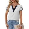 Women's Color Block V Neck Petal Short Sleeve Blouse Elegant Casual Tunic Top Shirts