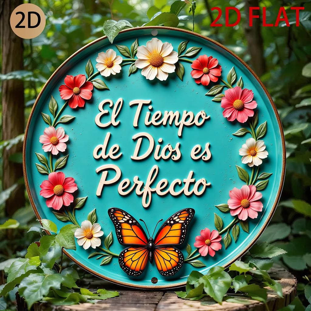 D Flat D Circular Wall Art with Floral Border Butterfly And Spanish Text El Tiempo De Dios Es Perfecto for Home Or Church De