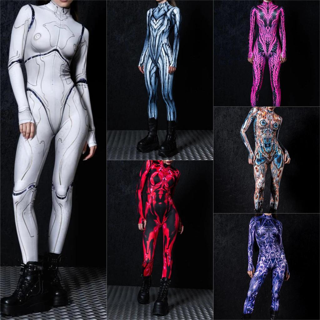 Damski Halloweenowy Kombinezon Body z Długim Rękawem z Nadrukiem Cyfrowym Slim Kostium Cosplay