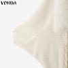 VONDA Women Long Sleeve Fluffy Tassel Splicing Open Front Casual Knitted Sweaters Cardigans