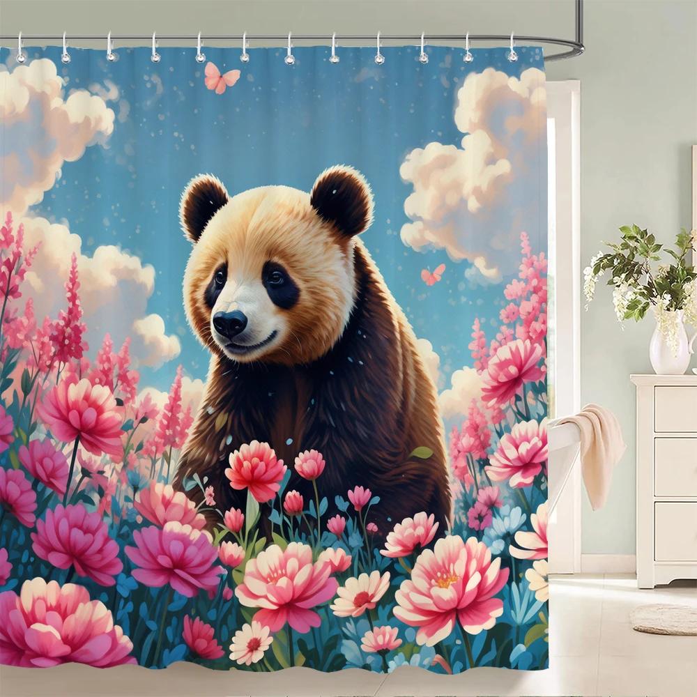 Floral Summer Shower Curtain Cat and Dog Animals Fabric Shower Curtains for Rustic Bathroom Decor Spring Plant Shower Curtain