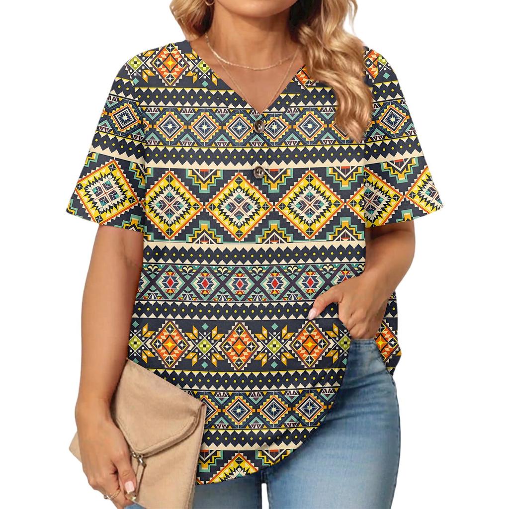 Women's Fashion Casual Printed V-Neck Short Sleeve Large Size T-Shirt Top